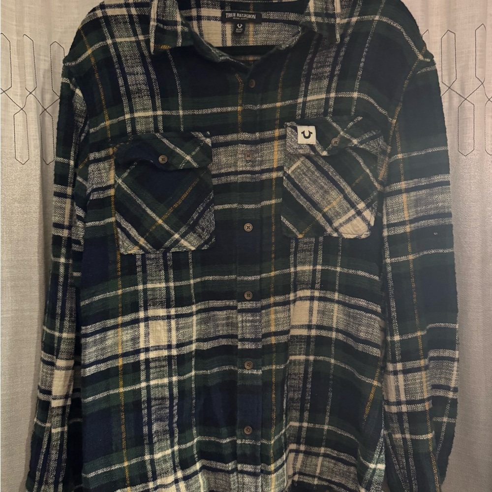True Religion Navy and Green Flannel Shirt